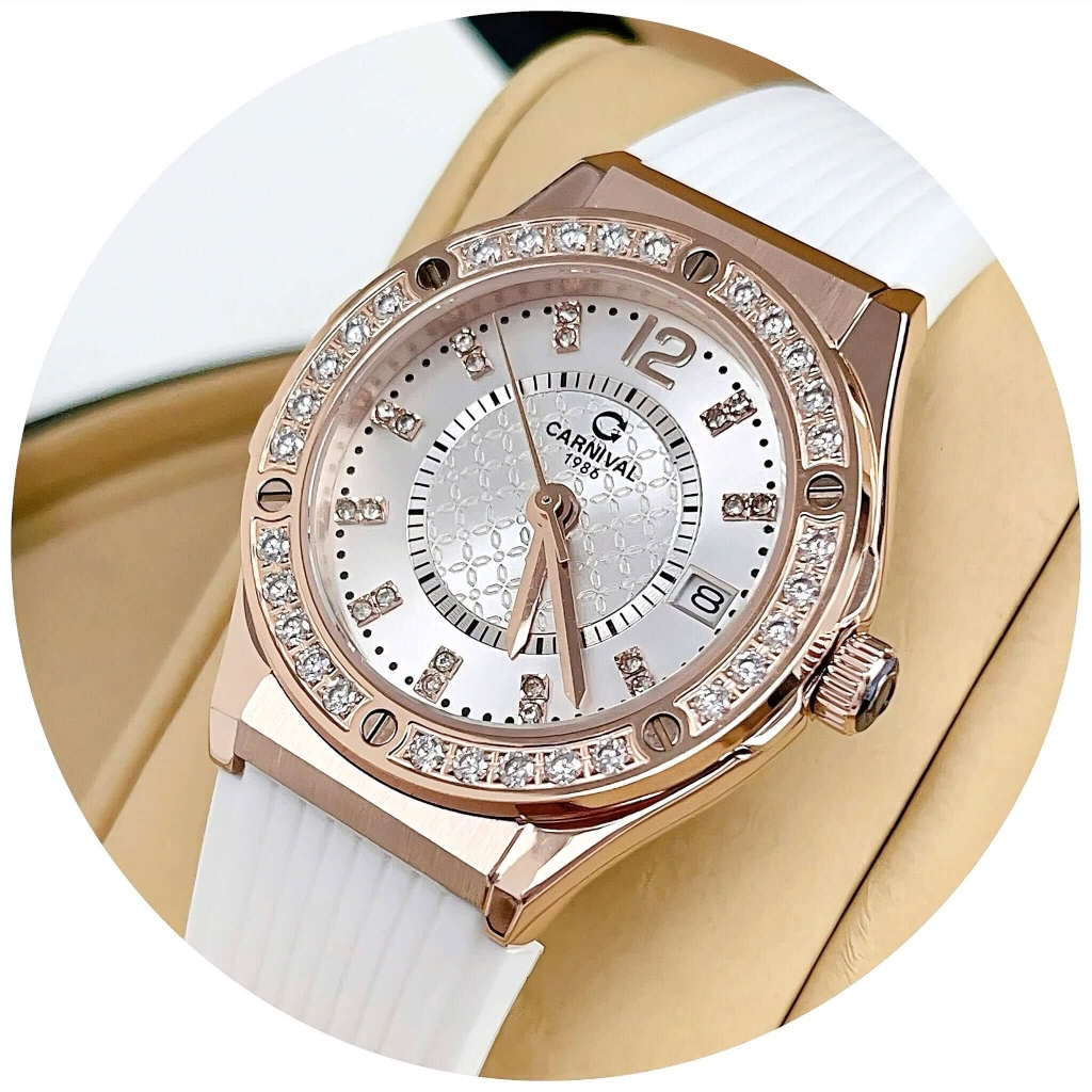 Đồng Hồ Nữ Carnival 8173L2 Dây Cao Su Trắng Đính Đá Rose Size 34mm Quartz Japan Carnival 8173L2-VH-DCS-T1