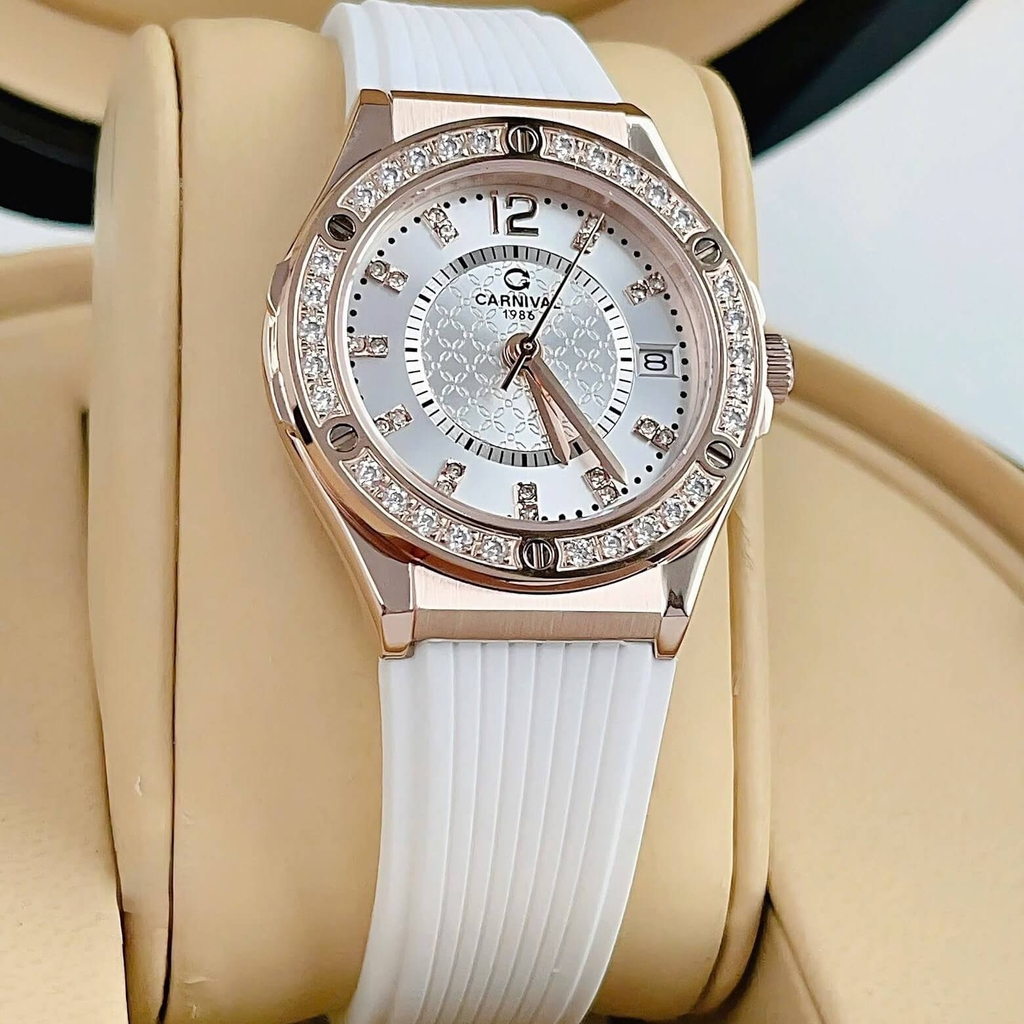 Đồng Hồ Nữ Carnival 8173L2 Dây Cao Su Trắng Đính Đá Rose Size 34mm Quartz Japan Carnival 8173L2-VH-DCS-T1