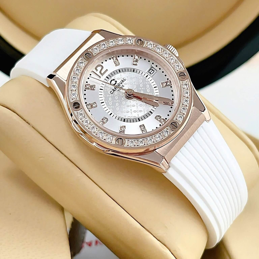 Đồng Hồ Nữ Carnival 8173L2 Dây Cao Su Trắng Đính Đá Rose Size 34mm Quartz Japan Carnival 8173L2-VH-DCS-T1