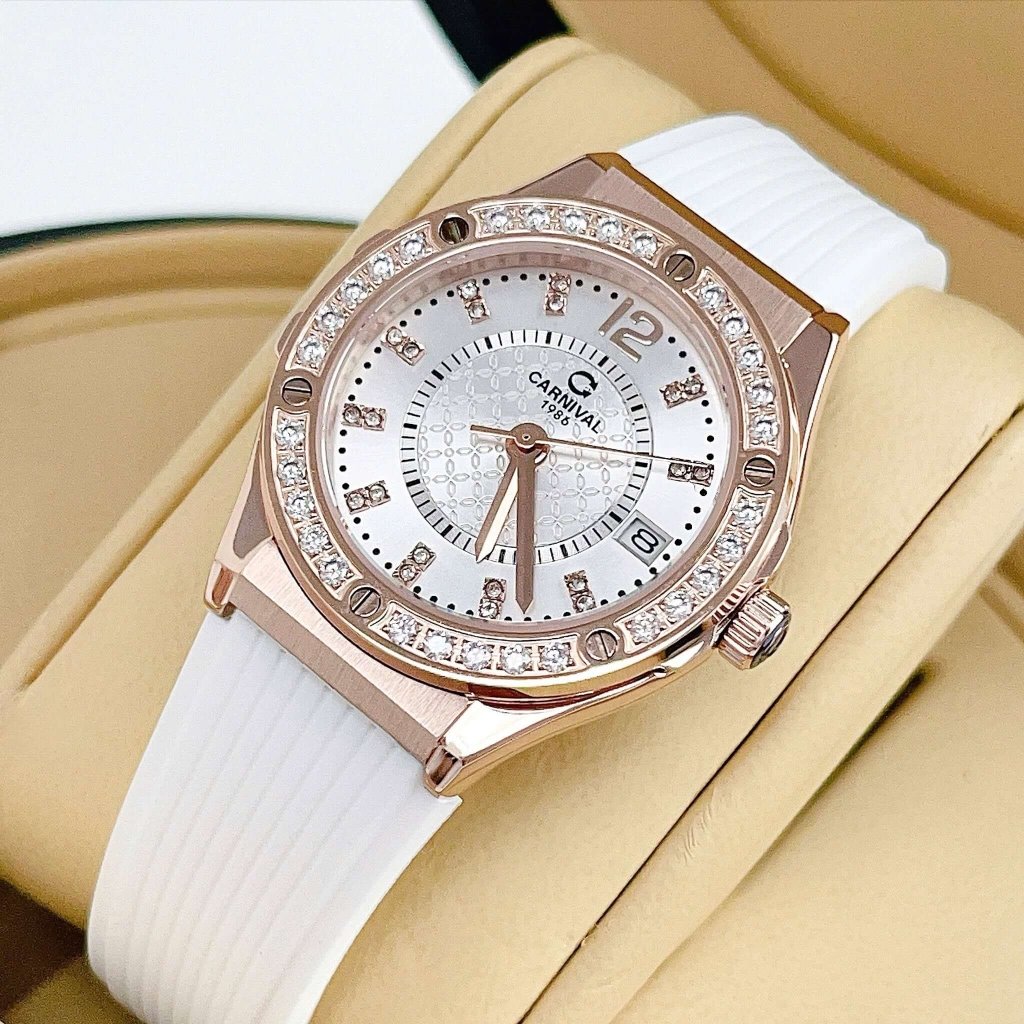 Đồng Hồ Nữ Carnival 8173L2 Dây Cao Su Trắng Đính Đá Rose Size 34mm Quartz Japan Carnival 8173L2-VH-DCS-T1