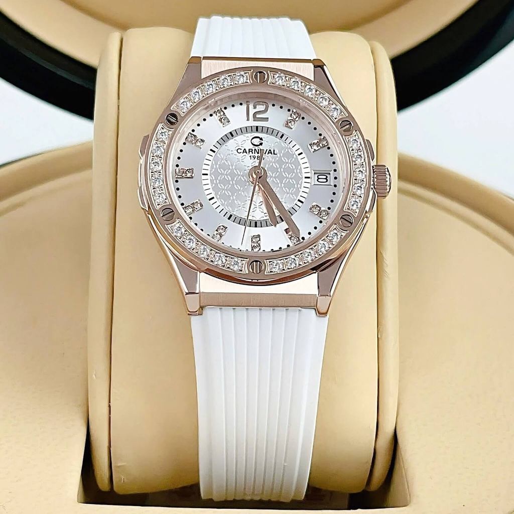 Đồng Hồ Nữ Carnival 8173L2 Dây Cao Su Trắng Đính Đá Rose Size 34mm Quartz Japan Carnival 8173L2-VH-DCS-T1