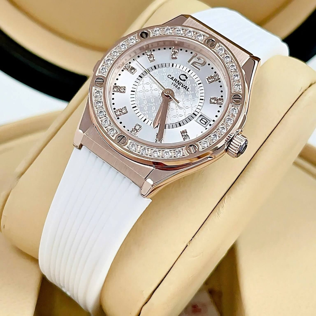 Đồng Hồ Nữ Carnival 8173L2 Dây Cao Su Trắng Đính Đá Rose Size 34mm Quartz Japan Carnival 8173L2-VH-DCS-T1