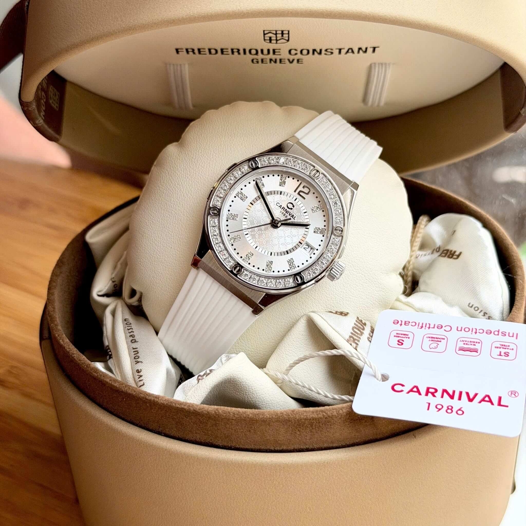 Đồng Hồ Nữ Carnival 8173L2 Dây Cao Su Trắng Đính Đá Silver Size 34mm Quartz Japan Carnival 8173L2-VT-DCS-T1
