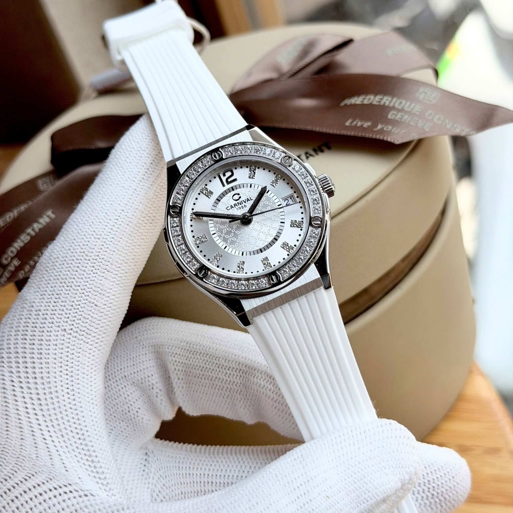 Đồng Hồ Nữ Carnival 8173L2 Dây Cao Su Trắng Đính Đá Silver Size 34mm Quartz Japan Carnival 8173L2-VT-DCS-T1