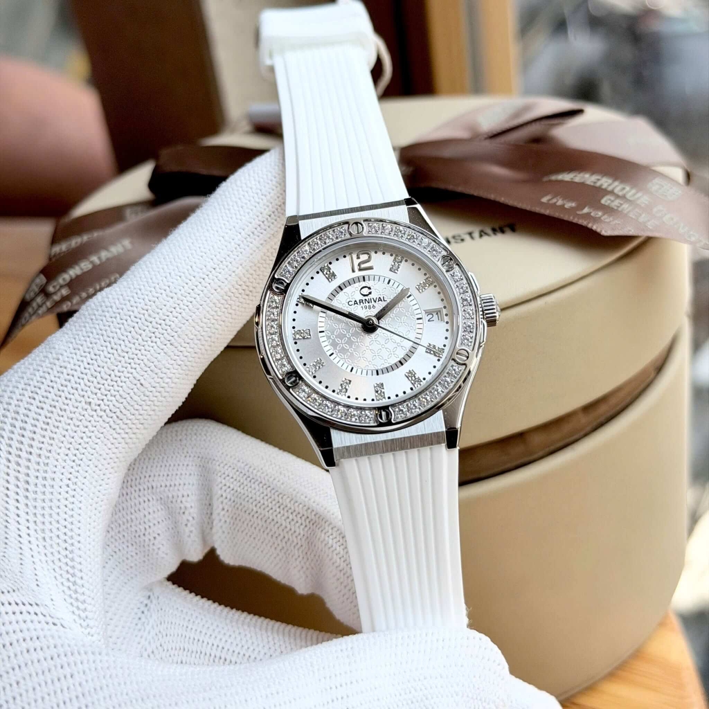 Đồng Hồ Nữ Carnival 8173L2 Dây Cao Su Trắng Đính Đá Silver Size 34mm Quartz Japan Carnival 8173L2-VT-DCS-T1