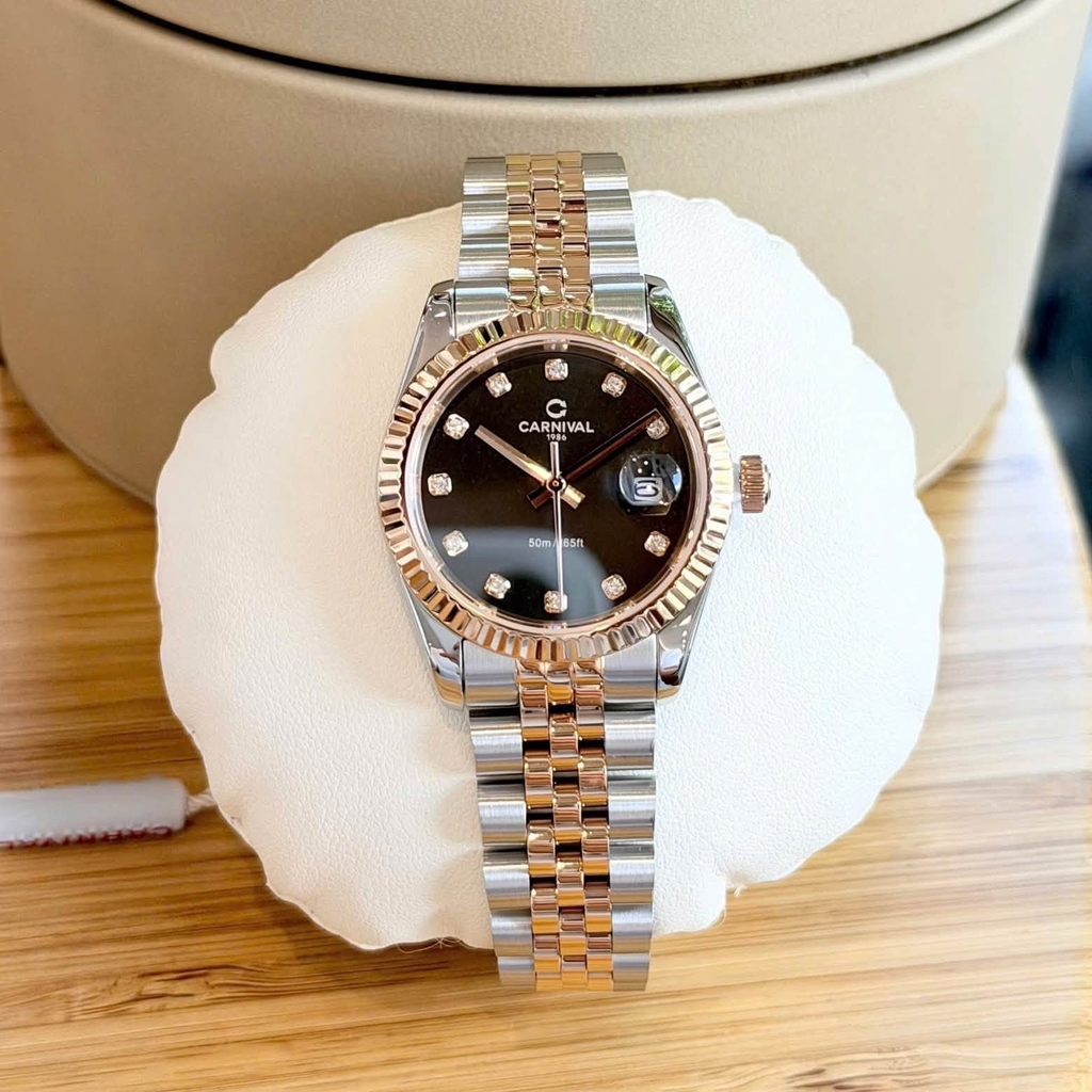 Đồng Hồ Nữ Carnival 8250L-CH-D Demi Vàng Hồng Mặt Đen Size 30mm Quartz Japan