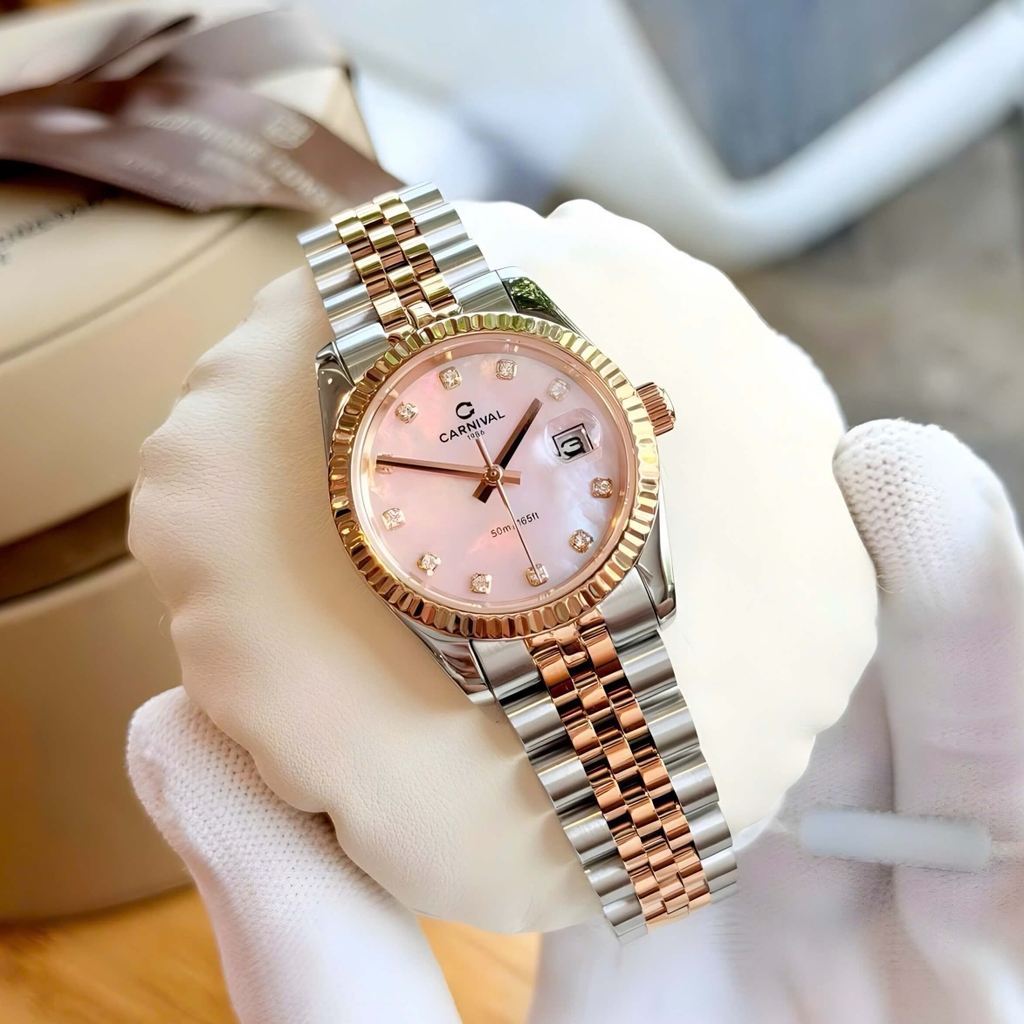 Đồng Hồ Nữ Carnival 8250L-CH-HK Demi Vàng Hồng Mặt Xà Cừ Hồng Size 30mm Quartz Japan