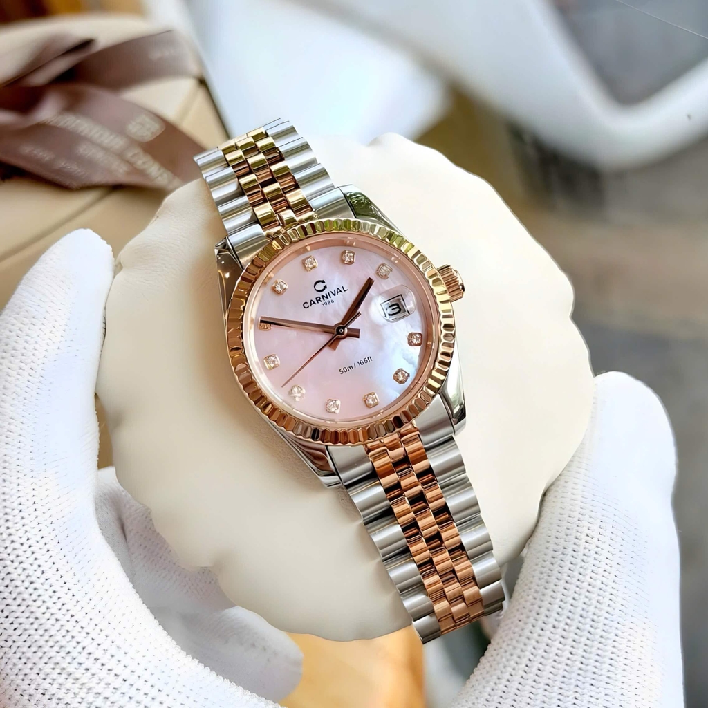 Đồng Hồ Nữ Carnival 8250L-CH-HK Demi Vàng Hồng Mặt Xà Cừ Hồng Size 30mm Quartz Japan