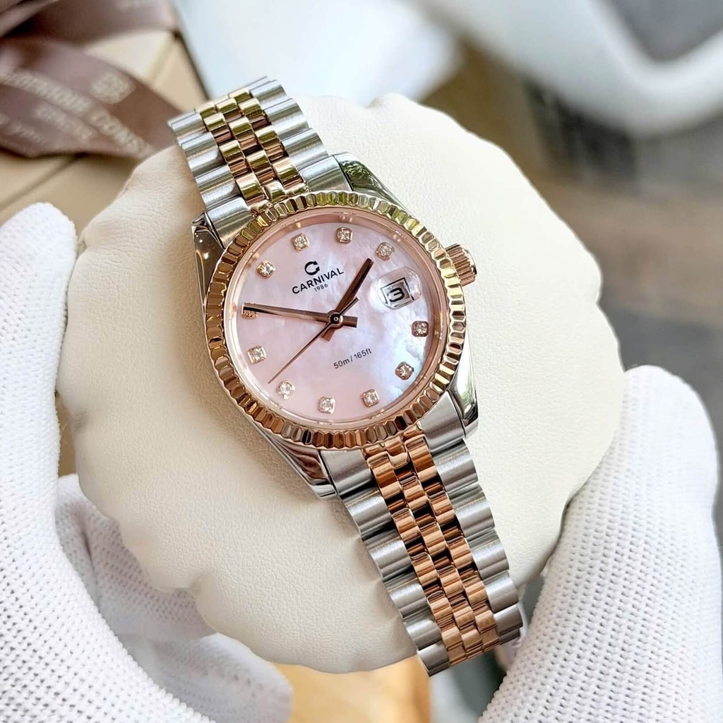 Đồng Hồ Nữ Carnival 8250L-CH-HK Demi Vàng Hồng Mặt Xà Cừ Hồng Size 30mm Quartz Japan