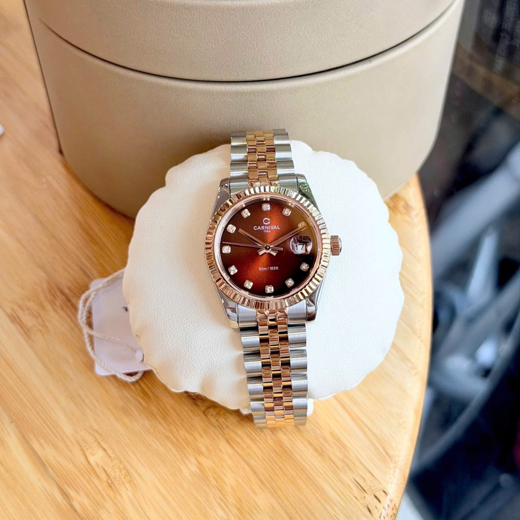 Đồng Hồ Nữ Carnival 8250L-CH-N Demi Vàng Hồng Mặt Nâu Size 30mm Quartz Japan