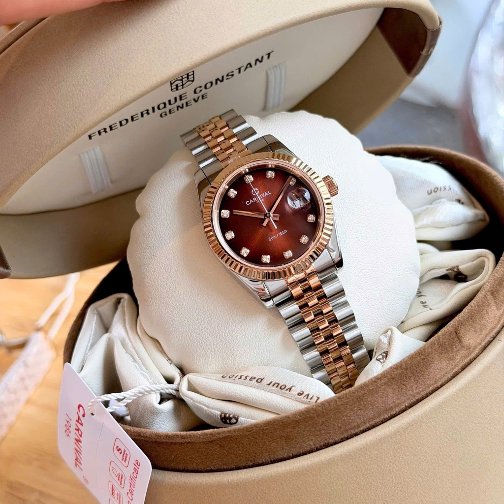 Đồng Hồ Nữ Carnival 8250L-CH-N Demi Vàng Hồng Mặt Nâu Size 30mm Quartz Japan