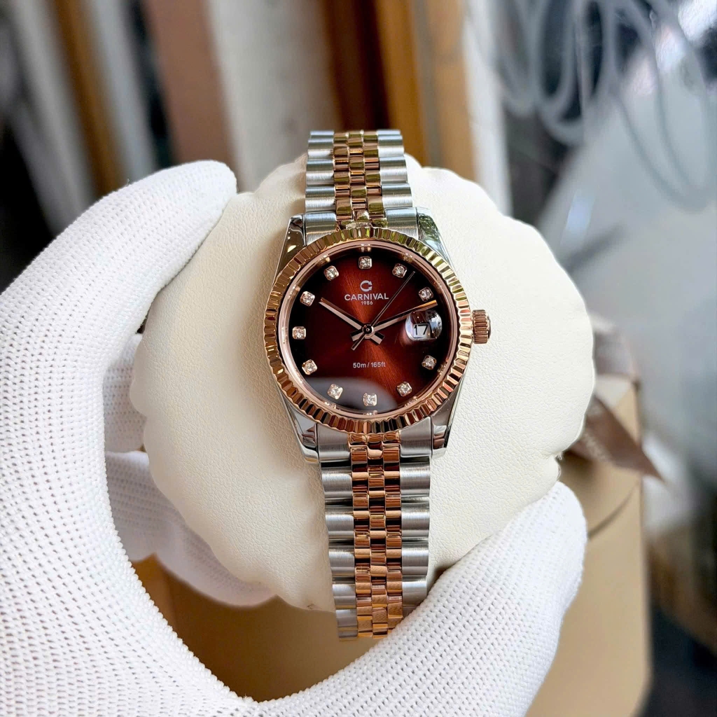 Đồng Hồ Nữ Carnival 8250L-CH-N Demi Vàng Hồng Mặt Nâu Size 30mm Quartz Japan