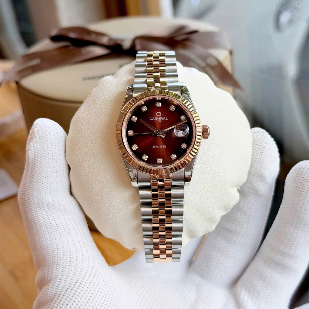 Đồng Hồ Nữ Carnival 8250L-CH-N Demi Vàng Hồng Mặt Nâu Size 30mm Quartz Japan