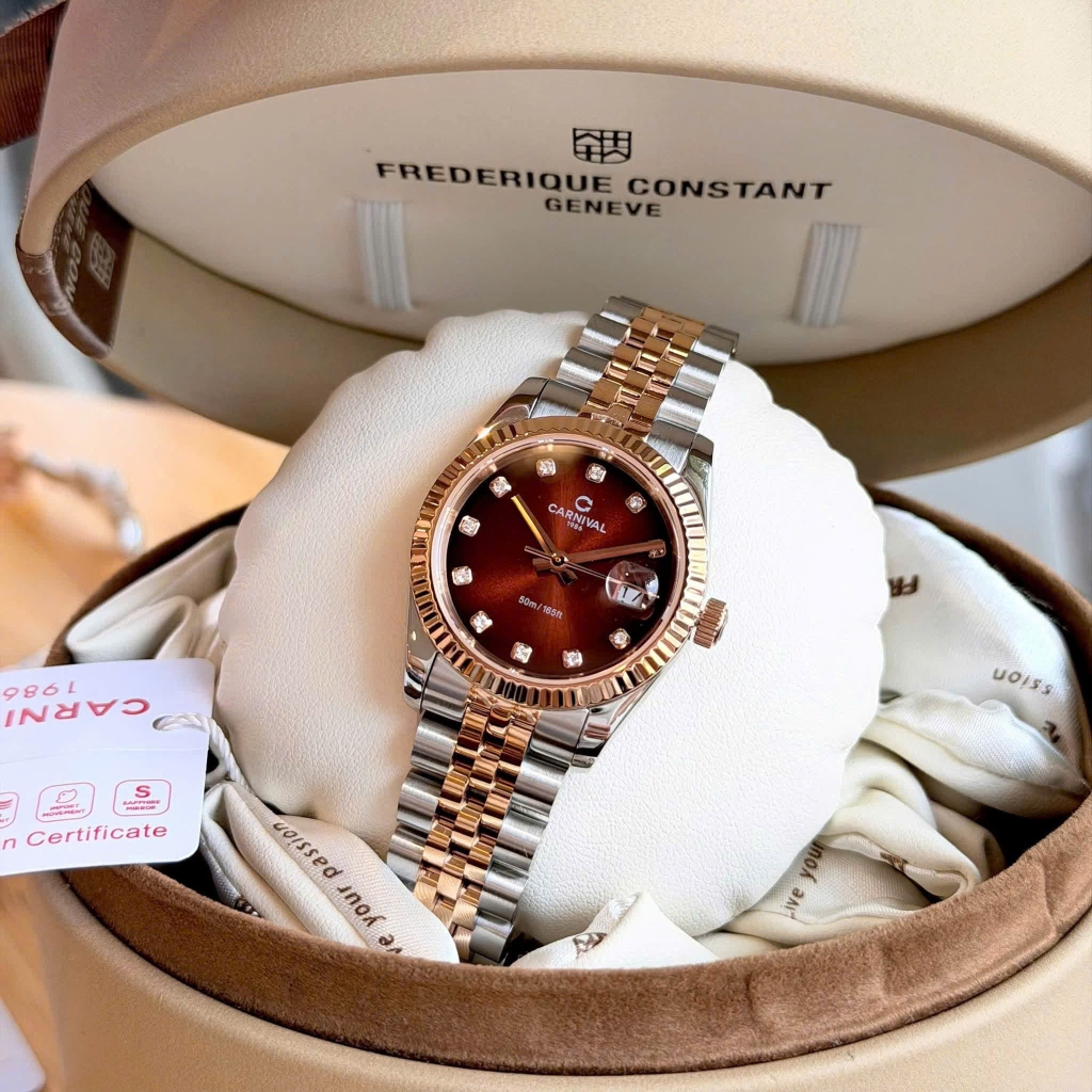 Đồng Hồ Nữ Carnival 8250L-CH-N Demi Vàng Hồng Mặt Nâu Size 30mm Quartz Japan