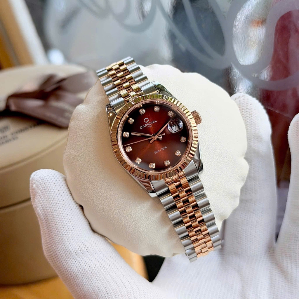 Đồng Hồ Nữ Carnival 8250L-CH-N Demi Vàng Hồng Mặt Nâu Size 30mm Quartz Japan