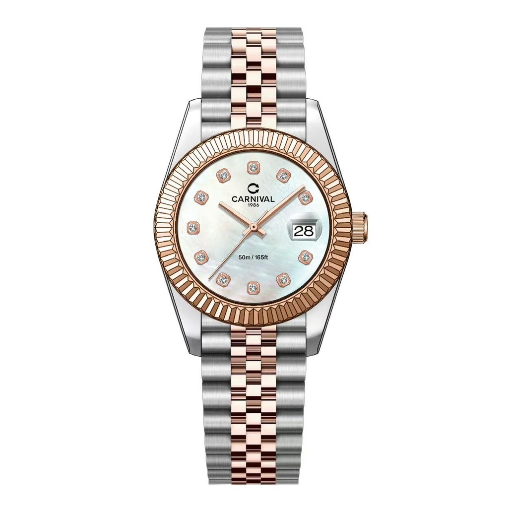 Đồng Hồ Nữ Carnival 8250L-CH-TK Demi Vàng Hồng Mặt Xà Cừ Trắng Size 30mm Quartz Japan