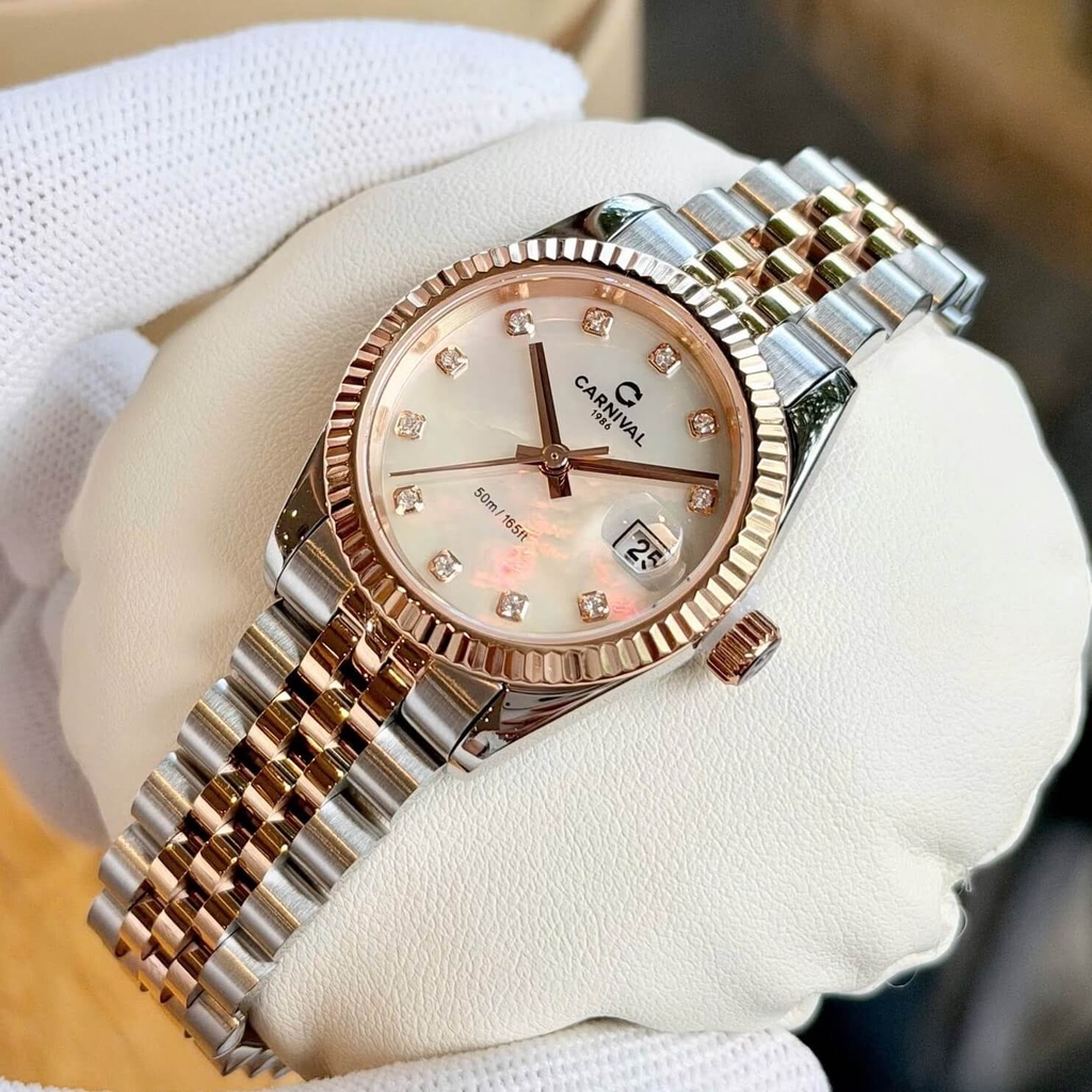 Đồng Hồ Nữ Carnival 8250L-CH-TK Demi Vàng Hồng Mặt Xà Cừ Trắng Size 30mm Quartz Japan
