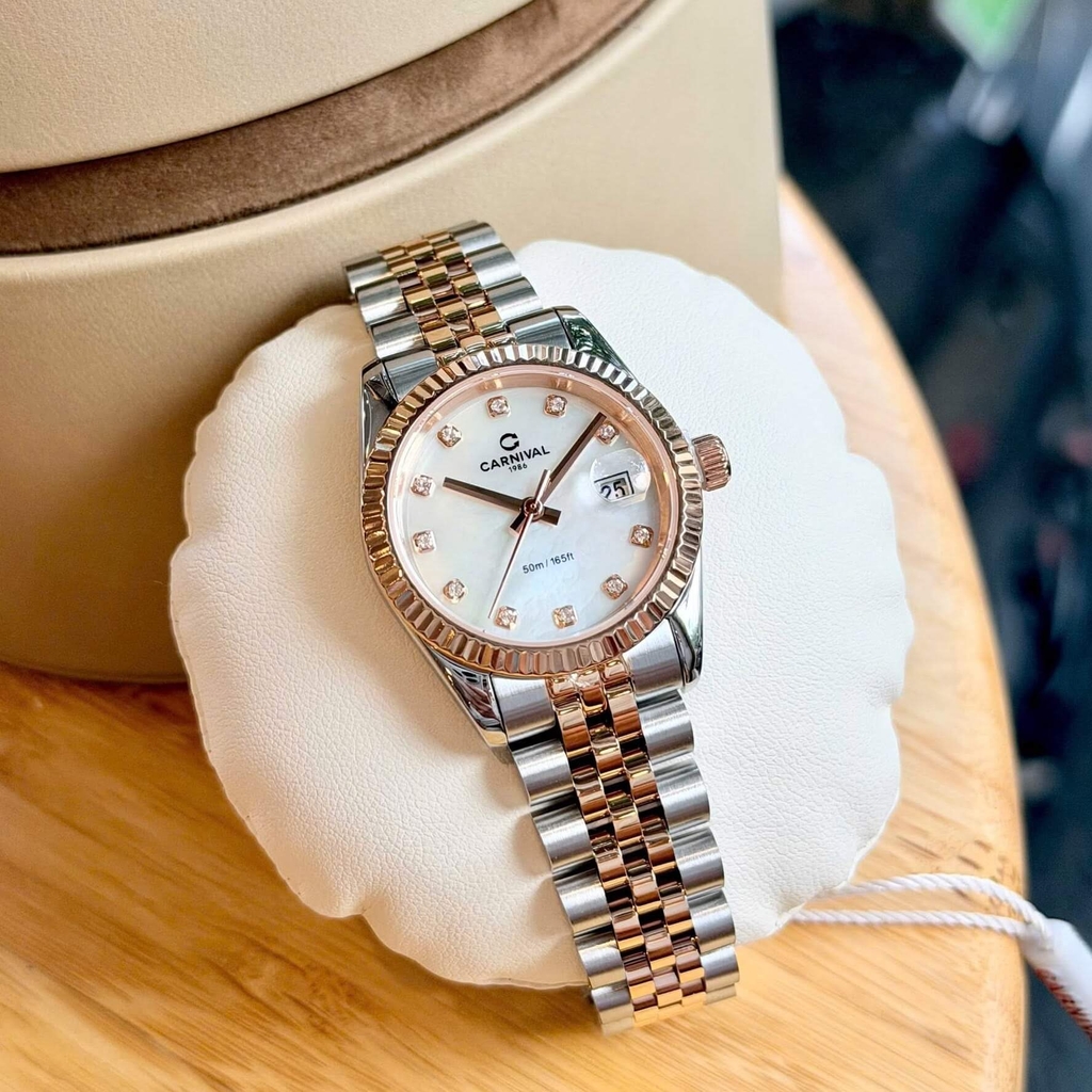 Đồng Hồ Nữ Carnival 8250L-CH-TK Demi Vàng Hồng Mặt Xà Cừ Trắng Size 30mm Quartz Japan