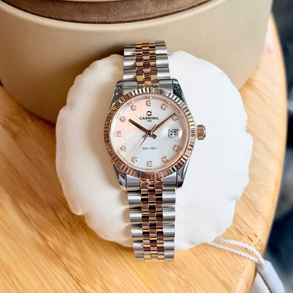 Đồng Hồ Nữ Carnival 8250L-CH-TK Demi Vàng Hồng Mặt Xà Cừ Trắng Size 30mm Quartz Japan