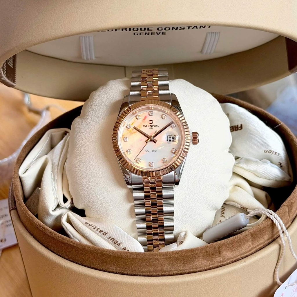 Đồng Hồ Nữ Carnival 8250L-CH-TK Demi Vàng Hồng Mặt Xà Cừ Trắng Size 30mm Quartz Japan