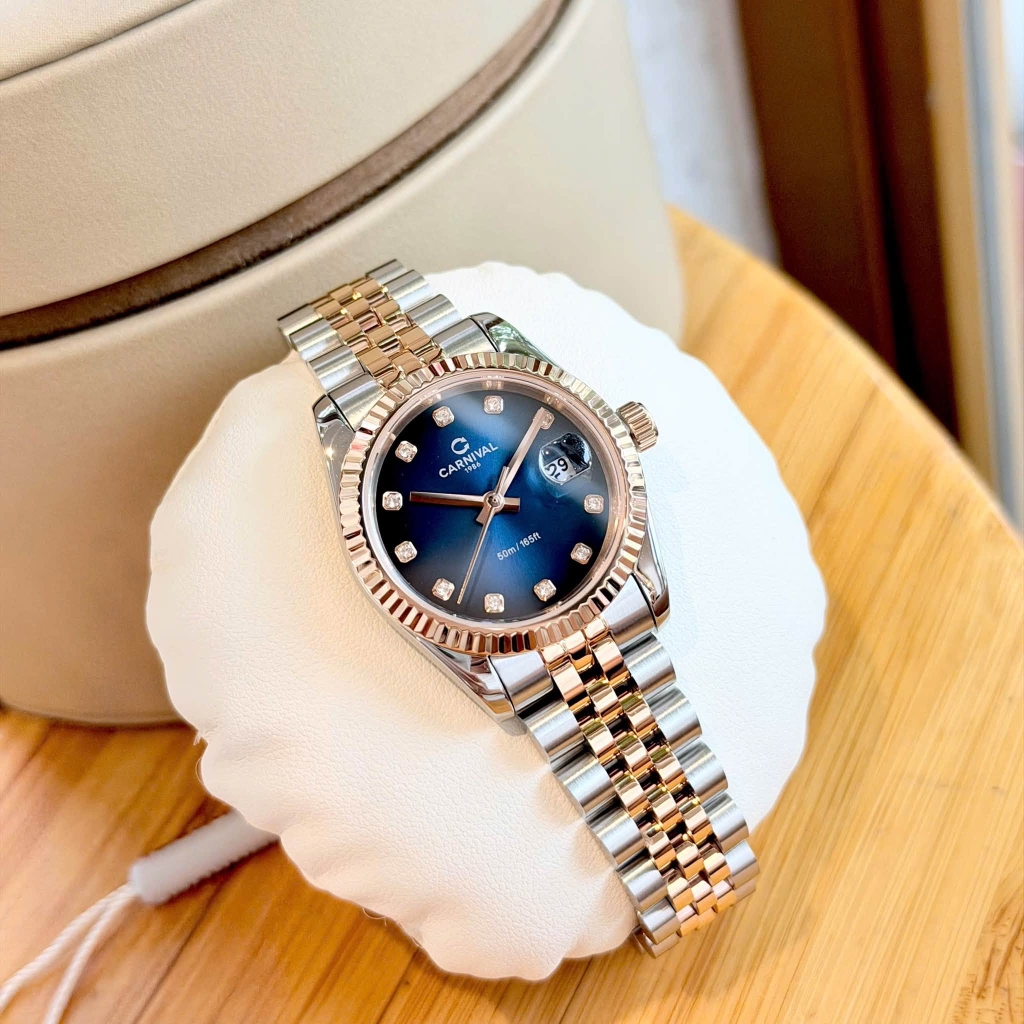 Đồng Hồ Nữ Carnival 8250L-CH-X Demi Vàng Hồng Mặt Xanh Dương Size 30mm Quartz Japan