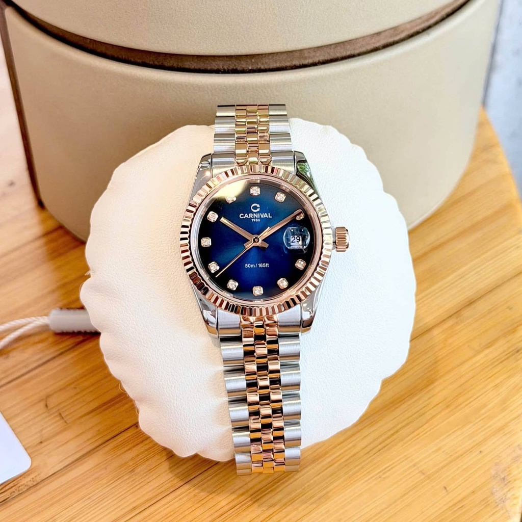 Đồng Hồ Nữ Carnival 8250L-CH-X Demi Vàng Hồng Mặt Xanh Dương Size 30mm Quartz Japan