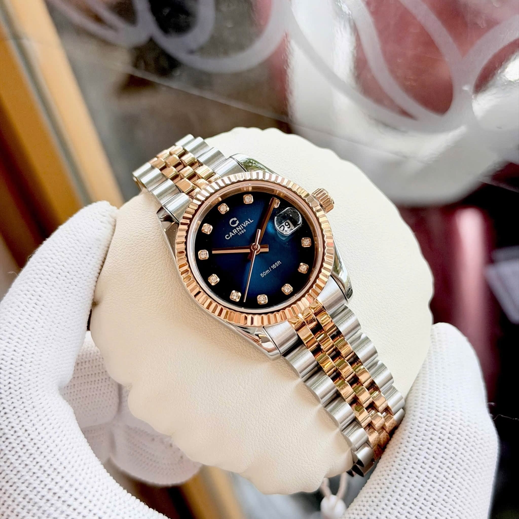 Đồng Hồ Nữ Carnival 8250L-CH-X Demi Vàng Hồng Mặt Xanh Dương Size 30mm Quartz Japan