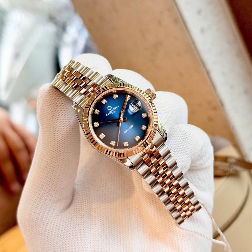 Đồng Hồ Nữ Carnival 8250L-CH-X Demi Vàng Hồng Mặt Xanh Dương Size 30mm Quartz Japan