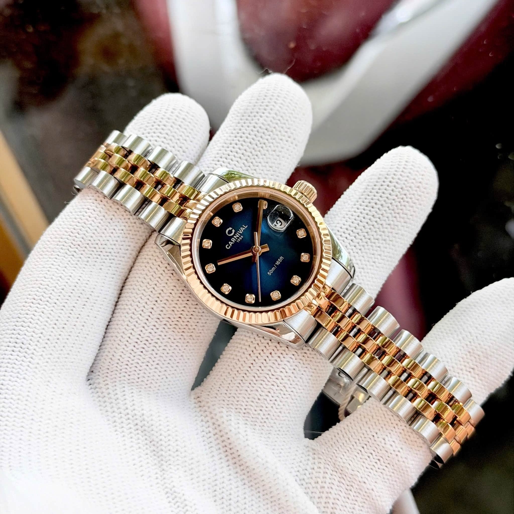 Đồng Hồ Nữ Carnival 8250L-CH-X Demi Vàng Hồng Mặt Xanh Dương Size 30mm Quartz Japan