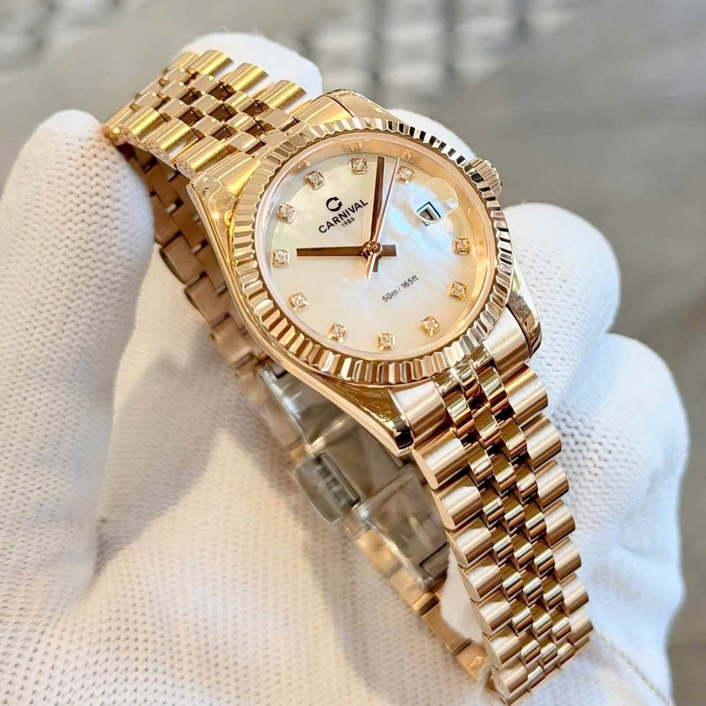 Đồng Hồ Nữ Carnival 8250L-VH-TK Màu Vàng Hồng Mặt Xà Cừ Trắng Size 30mm - Quartz Japan