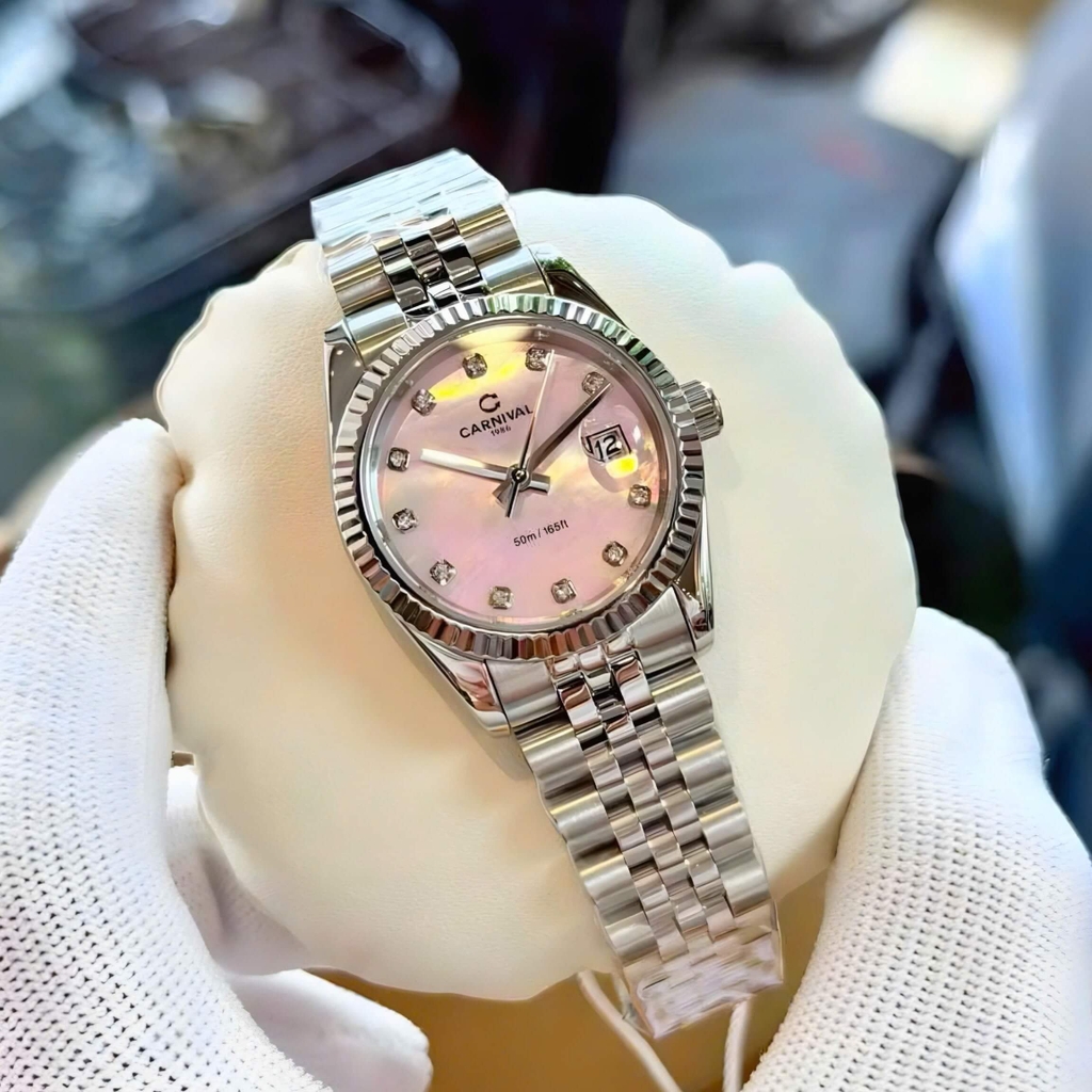 Đồng Hồ Nữ Carnival 8250L-VT-H Dây Thép Silver Mặt Xà Cừ Hồng Size 30mm Quartz Japan
