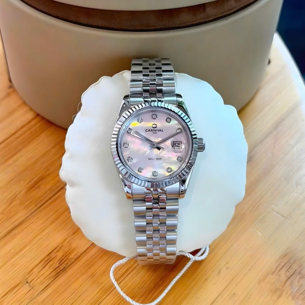 Đồng Hồ Nữ Carnival 8250L-VT-H Dây Thép Silver Mặt Xà Cừ Hồng Size 30mm Quartz Japan