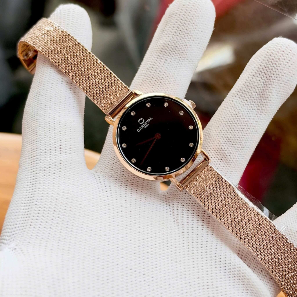 Đồng Hồ Nữ Carnival 8253L-VH-D Dây Mesh Màu Vàng Hồng Mặt Đen Size 30mm Mỏng Nhỏ Xinh