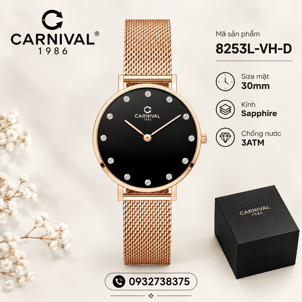 Đồng Hồ Nữ Carnival 8253L-VH-D Dây Mesh Màu Vàng Hồng Mặt Đen Size 30mm Mỏng Nhỏ Xinh
