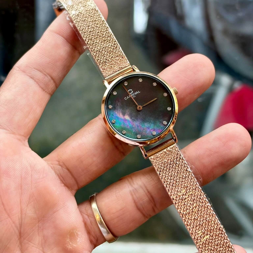 Đồng Hồ Nữ Carnival 8253L-VH-DK Dây Mesh Màu Vàng Hồng Mặt Xà Cừ Đen Size 30mm Mỏng Nhỏ Xinh