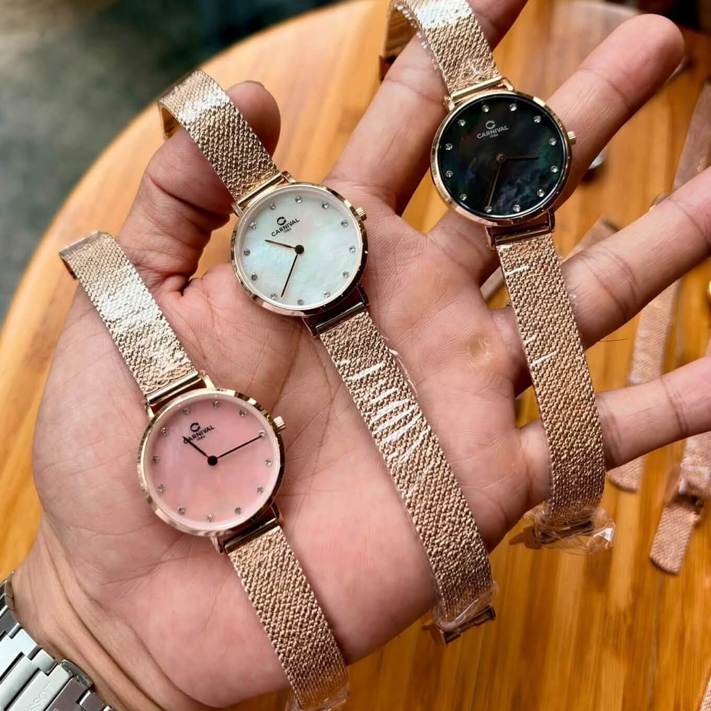 Đồng Hồ Nữ Carnival 8253L-VH-DK Dây Mesh Màu Vàng Hồng Mặt Xà Cừ Đen Size 30mm Mỏng Nhỏ Xinh