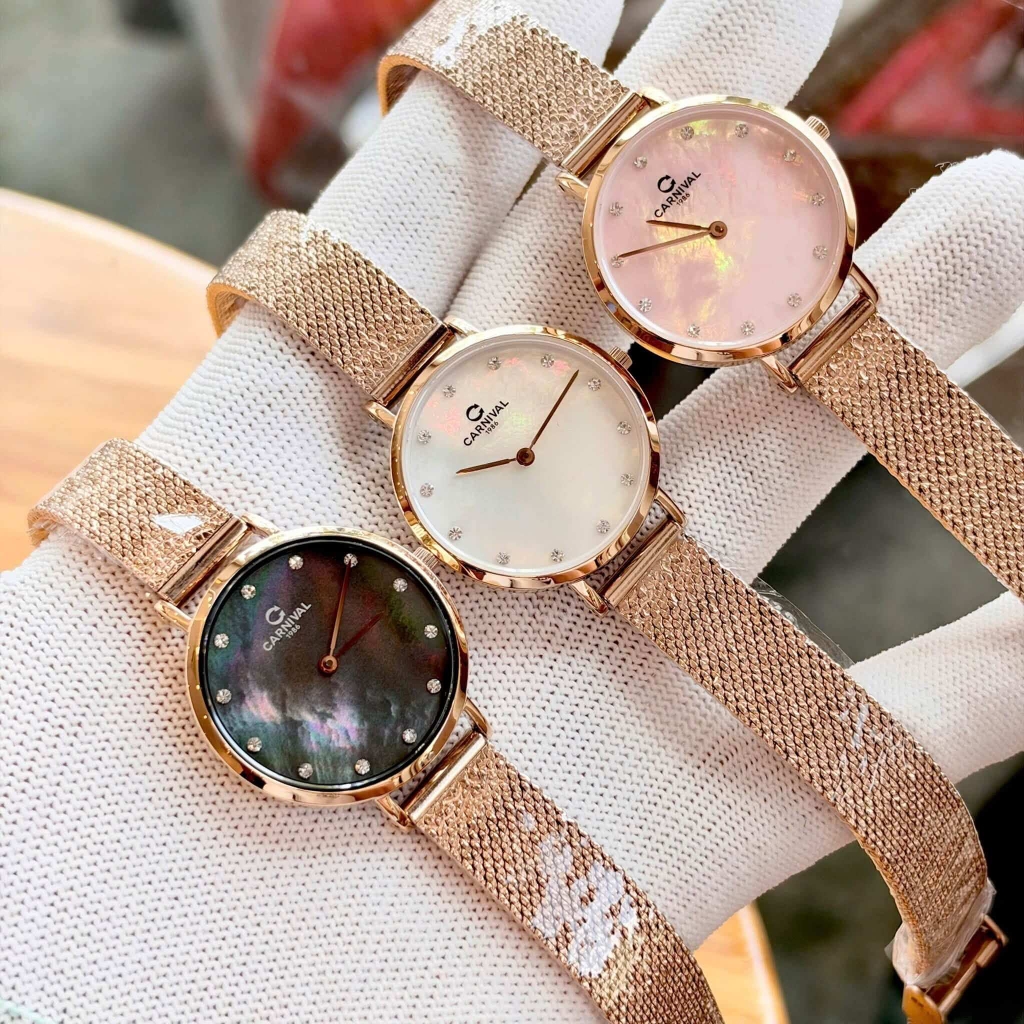 Đồng Hồ Nữ Carnival 8253L-VH-DK Dây Mesh Màu Vàng Hồng Mặt Xà Cừ Đen Size 30mm Mỏng Nhỏ Xinh