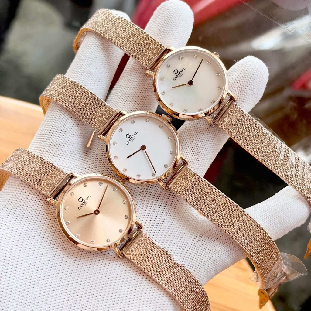 Đồng Hồ Nữ Carnival 8253L-VH-DK Dây Mesh Màu Vàng Hồng Mặt Xà Cừ Trắng Size 30mm Mỏng Nhỏ Xinh