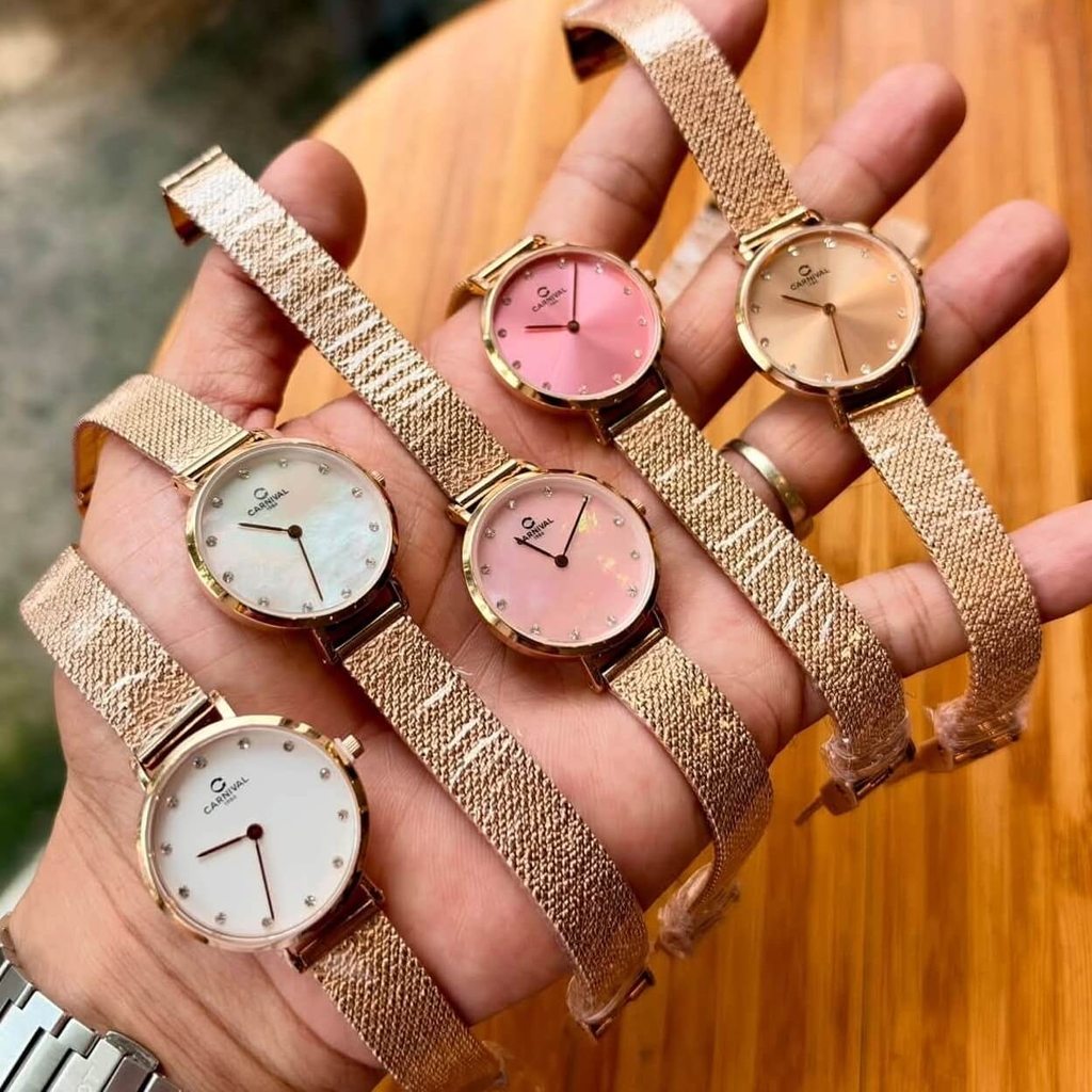 Đồng Hồ Nữ Carnival 8253L-VH-DK Dây Mesh Màu Vàng Hồng Mặt Xà Cừ Trắng Size 30mm Mỏng Nhỏ Xinh