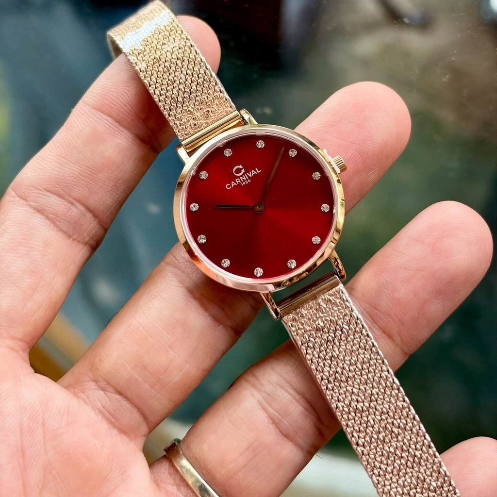 Đồng Hồ Nữ Carnival 8253L-VH-DO Dây Mesh Màu Vàng Hồng Mặt Đỏ Size 30mm Mỏng Nhỏ Xinh