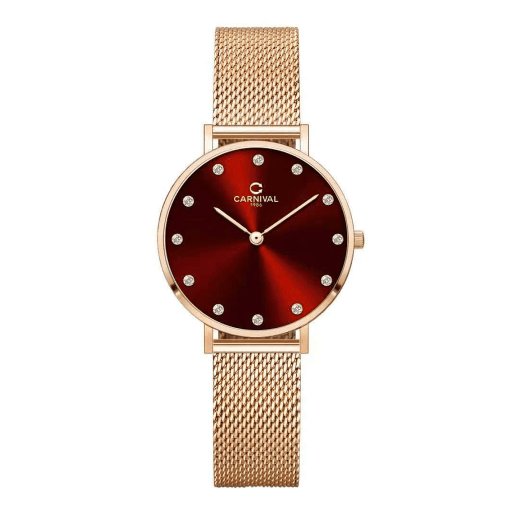 Đồng Hồ Nữ Carnival 8253L-VH-DO Dây Mesh Màu Vàng Hồng Mặt Đỏ Size 30mm Mỏng Nhỏ Xinh