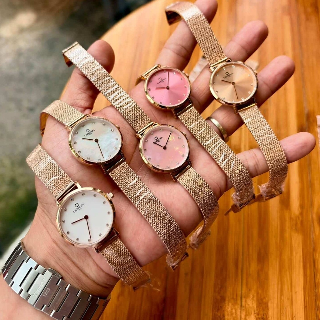Đồng Hồ Nữ Carnival 8253L-VH-H Dây Mesh Màu Vàng Hồng Mặt Hồng Size 30mm Mỏng Nhỏ Xinh
