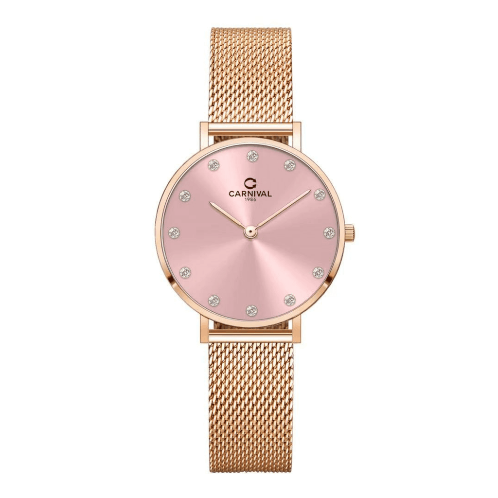 Đồng Hồ Nữ Carnival 8253L-VH-H Dây Mesh Màu Vàng Hồng Mặt Hồng Size 30mm Mỏng Nhỏ Xinh