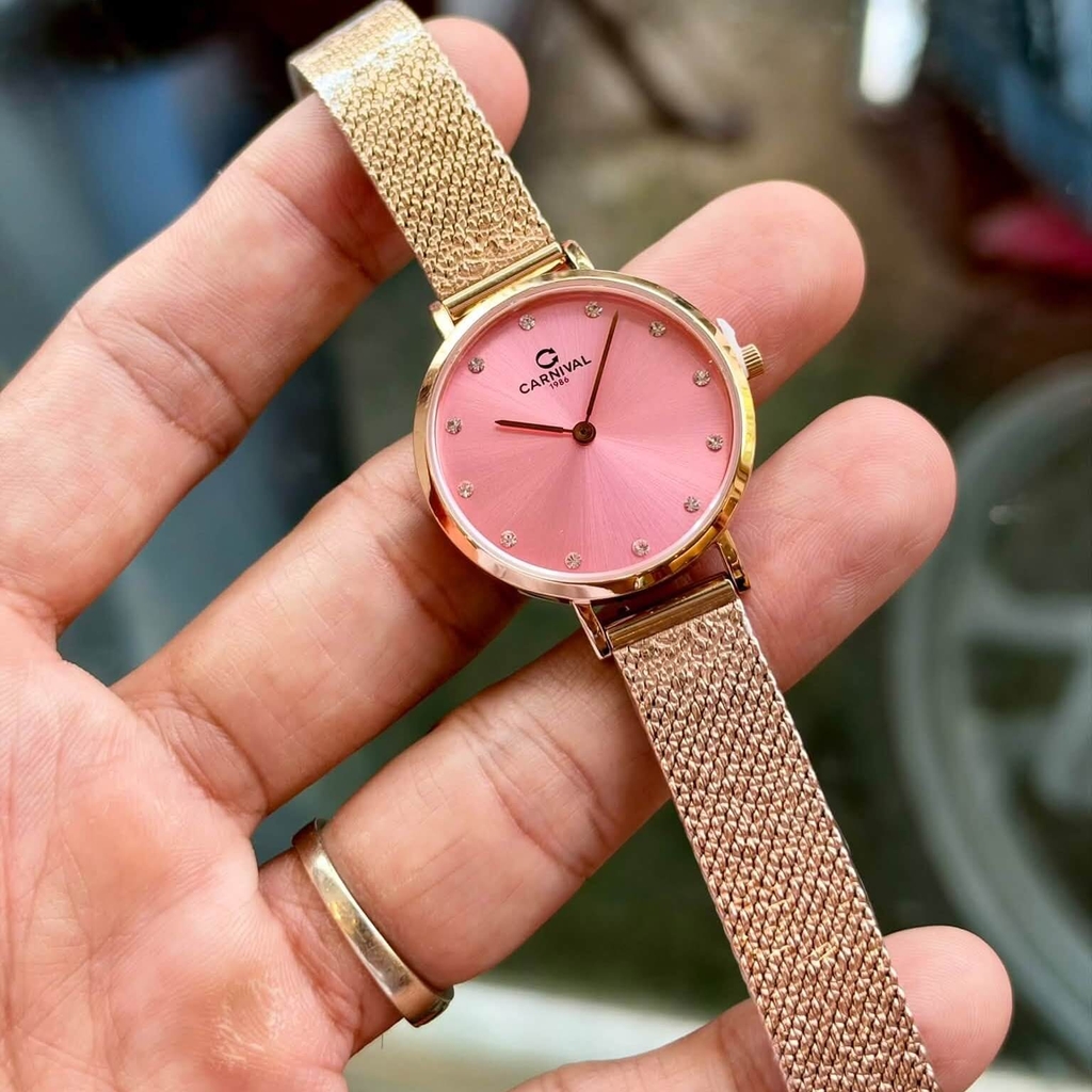 Đồng Hồ Nữ Carnival 8253L-VH-H Dây Mesh Màu Vàng Hồng Mặt Hồng Size 30mm Mỏng Nhỏ Xinh