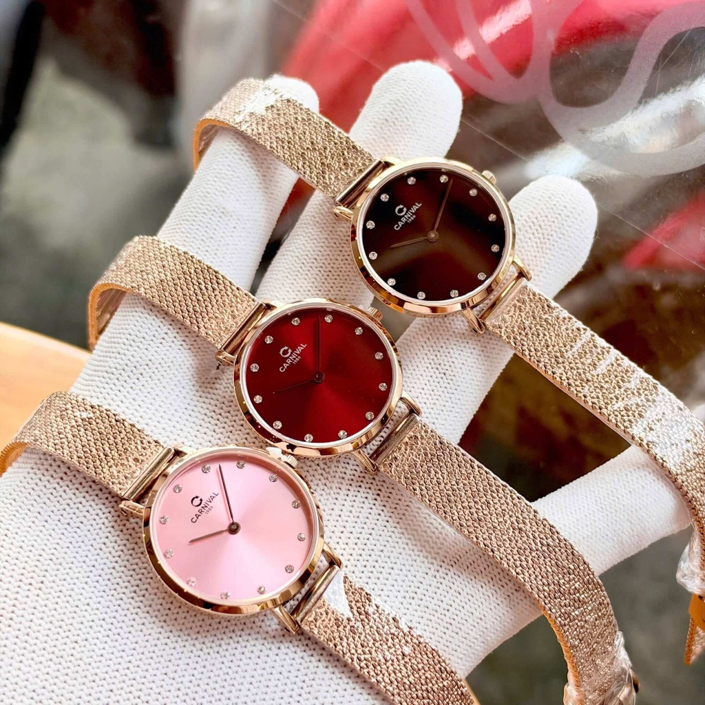 Đồng Hồ Nữ Carnival 8253L-VH-N Dây Mesh Màu Vàng Hồng Mặt Nâu Size 30mm Mỏng Nhỏ Xinh