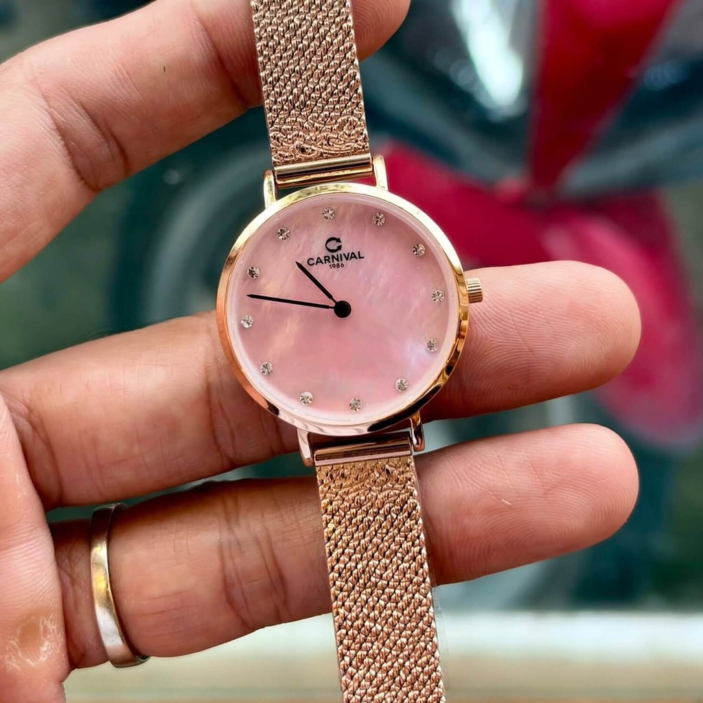 Đồng Hồ Nữ Carnival 8253L-VH-HK Dây Mesh Màu Vàng Hồng Mặt Xà Cừ Hồng Size 30mm Mỏng Nhỏ Xinh