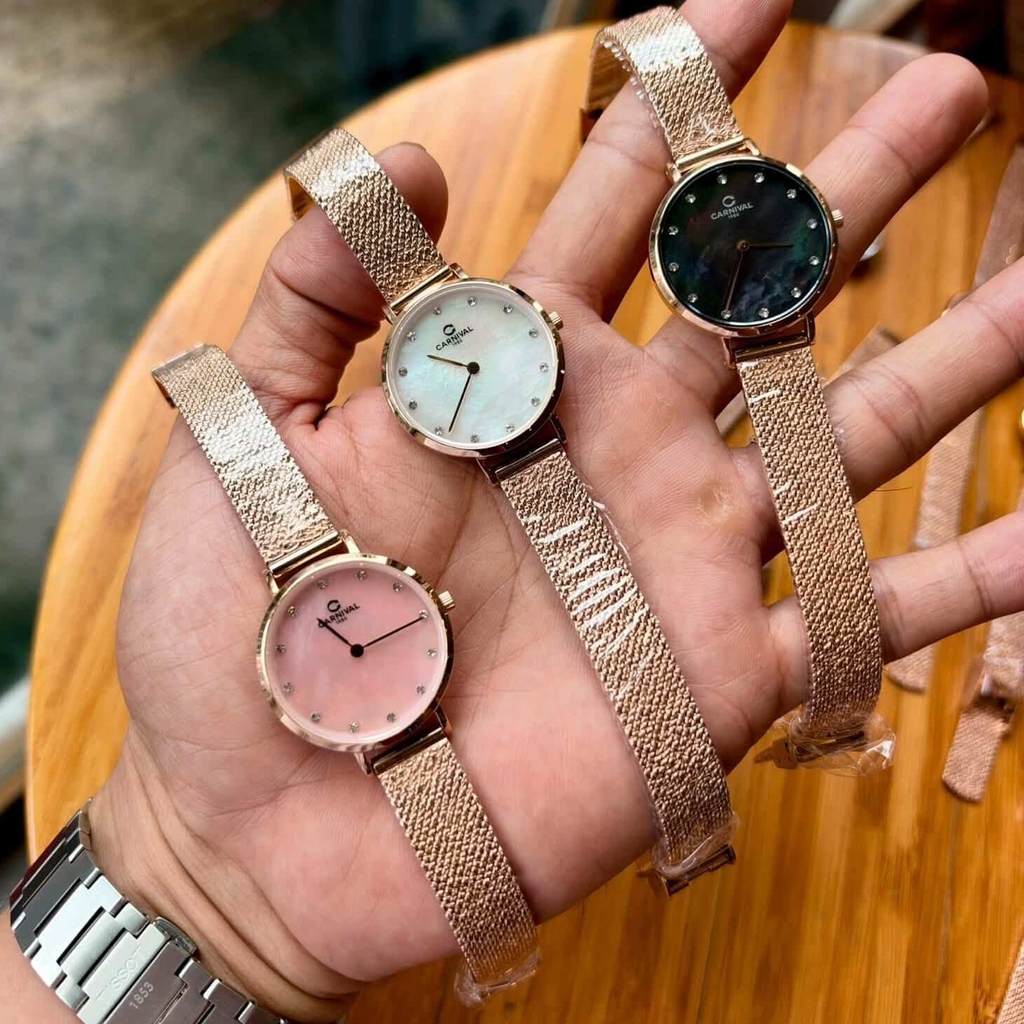 Đồng Hồ Nữ Carnival 8253L-VH-HK Dây Mesh Màu Vàng Hồng Mặt Xà Cừ Hồng Size 30mm Mỏng Nhỏ Xinh