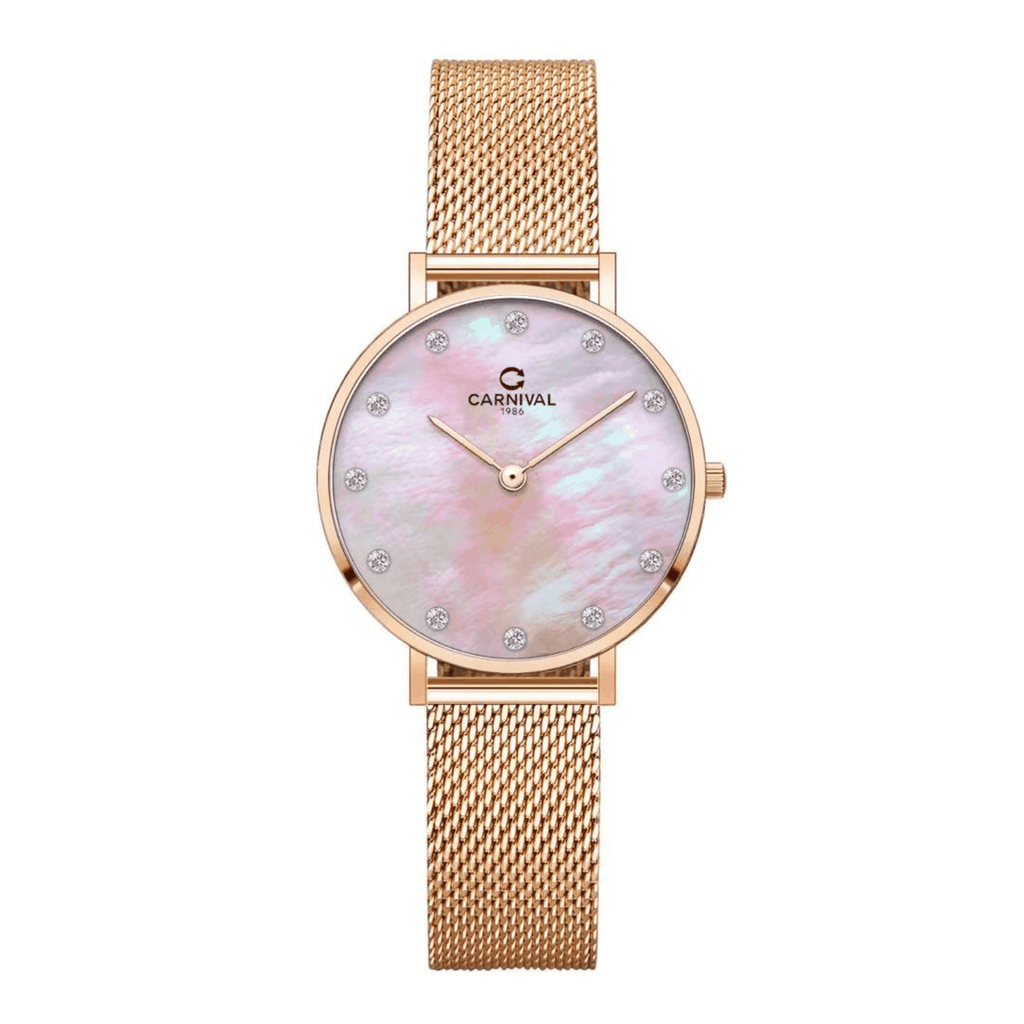 Đồng Hồ Nữ Carnival 8253L-VH-HK Dây Mesh Màu Vàng Hồng Mặt Xà Cừ Hồng Size 30mm Mỏng Nhỏ Xinh