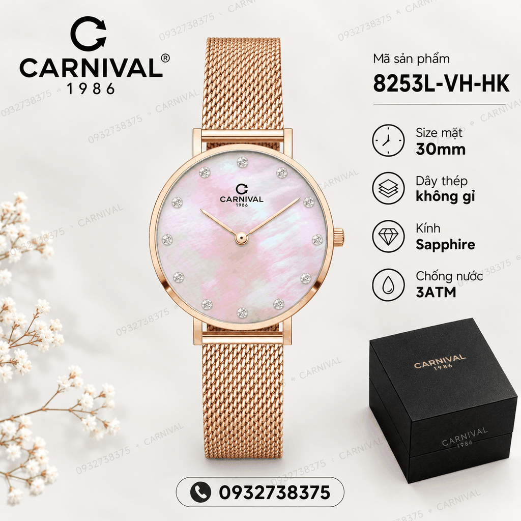 Đồng Hồ Nữ Carnival 8253L-VH-HK Dây Mesh Màu Vàng Hồng Mặt Xà Cừ Hồng Size 30mm Mỏng Nhỏ Xinh
