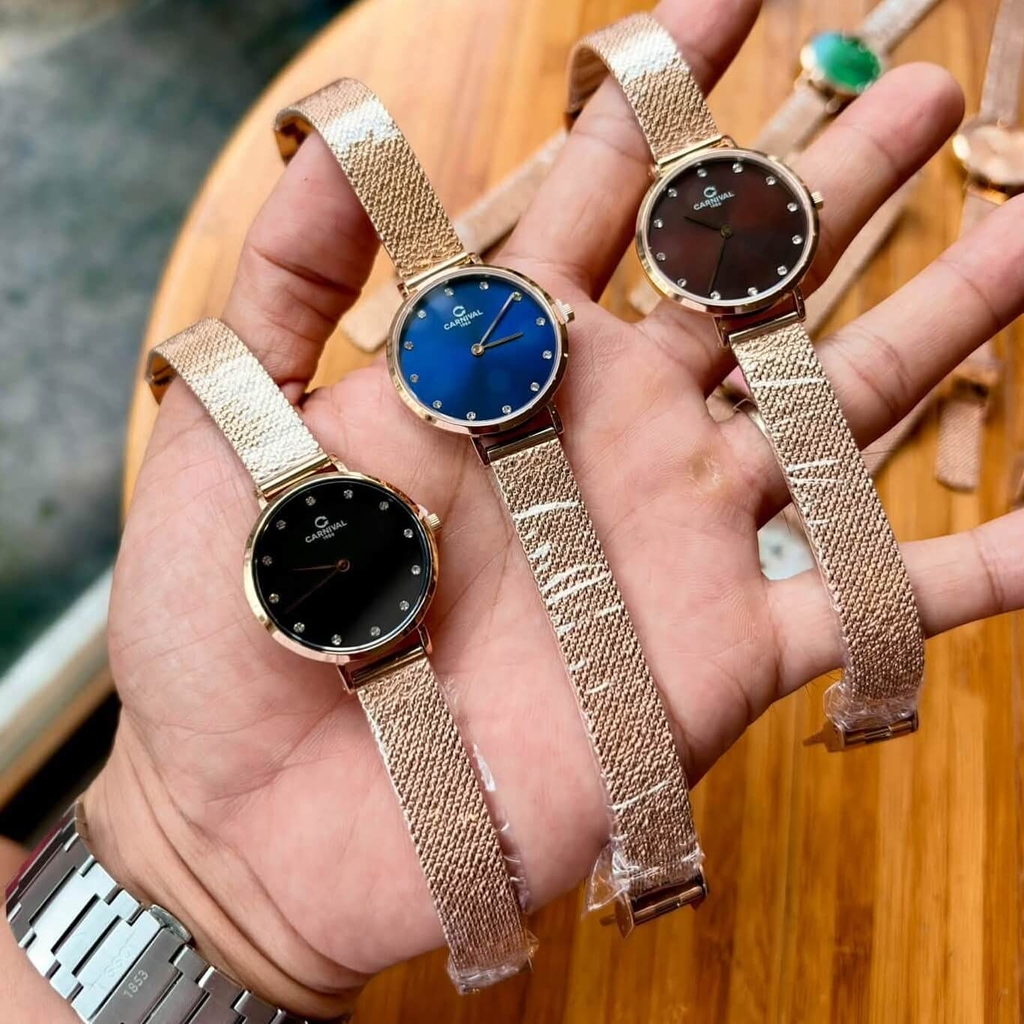 Đồng Hồ Nữ Carnival 8253L-VH-N Dây Mesh Màu Vàng Hồng Mặt Nâu Size 30mm Mỏng Nhỏ Xinh